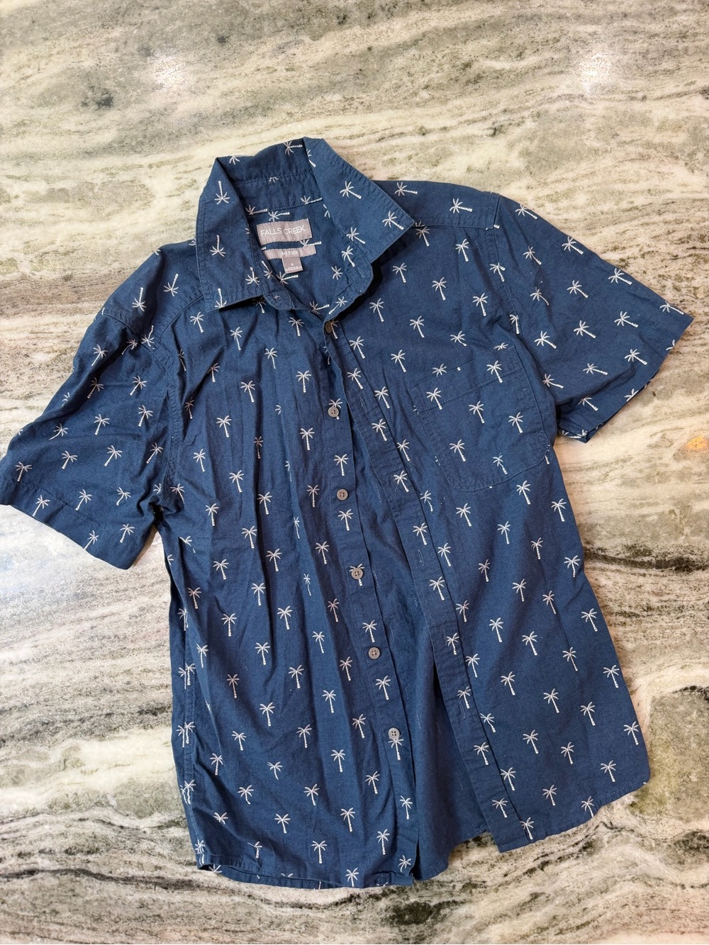 Falls Creek Navy Short-Sleeve Button-Up Shirt with White Palm Print